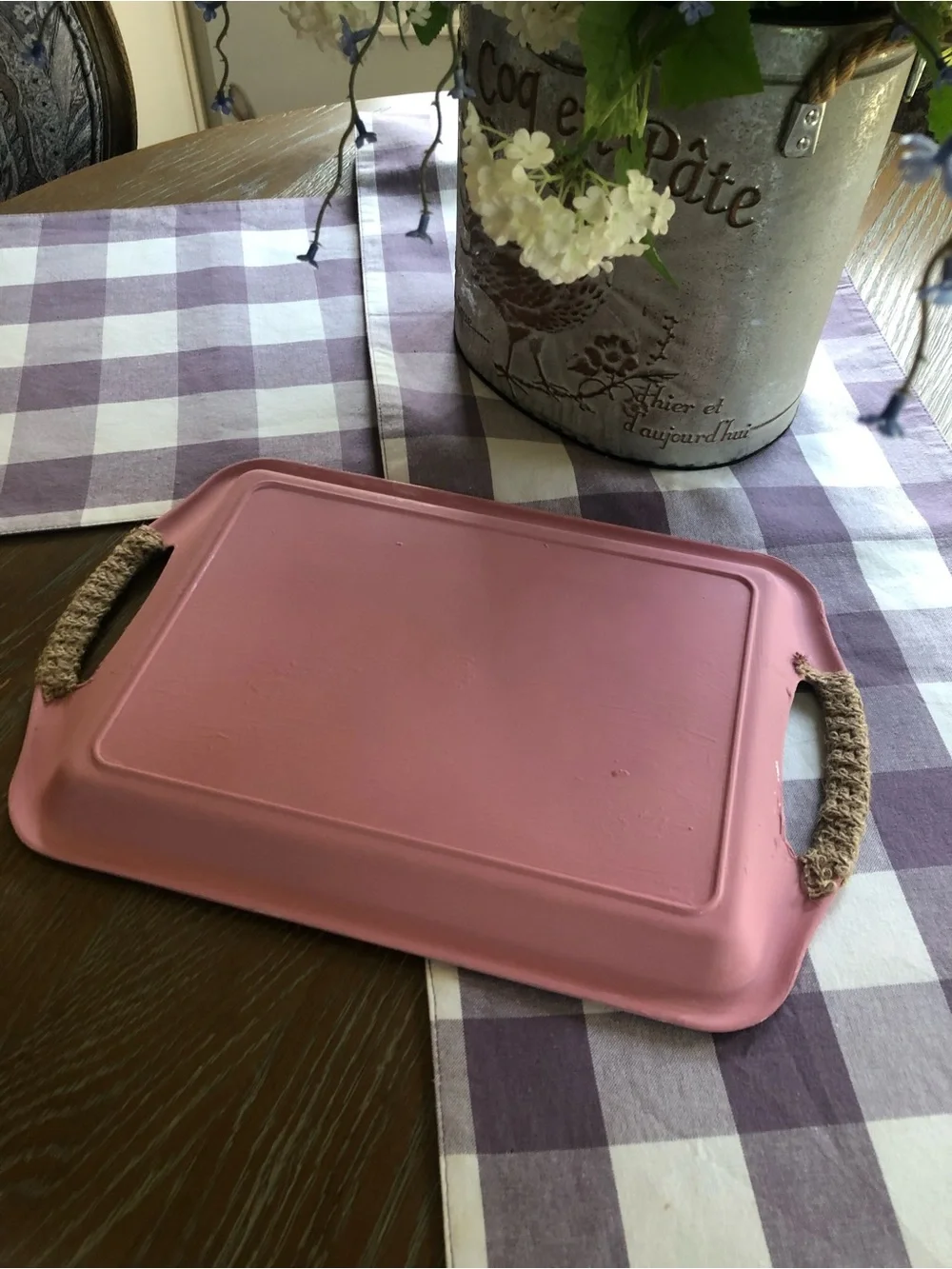 Pink Floral Decorative Vanity Tray with Rope Handles